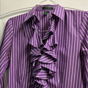 Ralph Lauren Purple Striped Ruffle Blouse